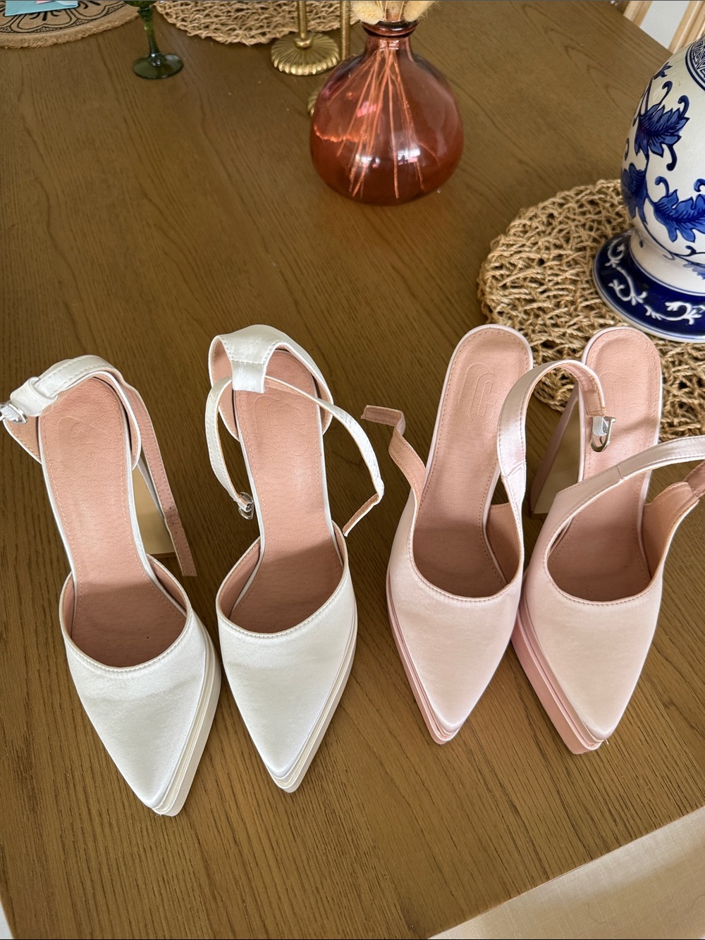 Pointed Slingback Heels in White and Blush